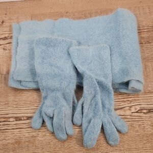 Light Blue Angora Blend Gloves And Scarf